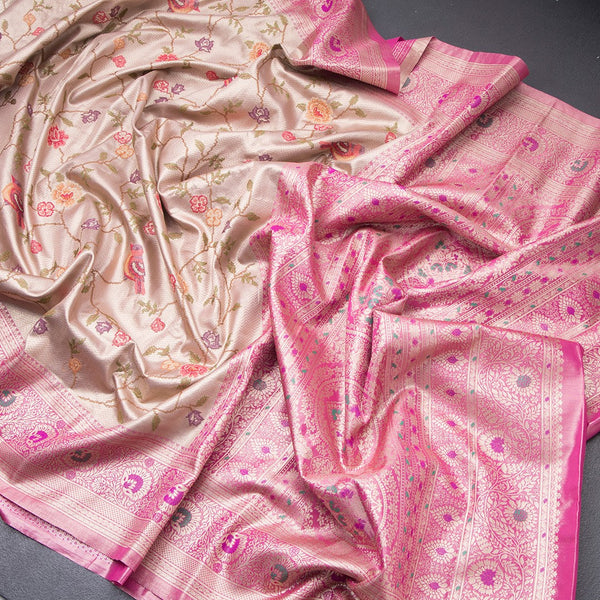 Fancy Silk Light Brown Stylish Thread Work Saree With Zari Border