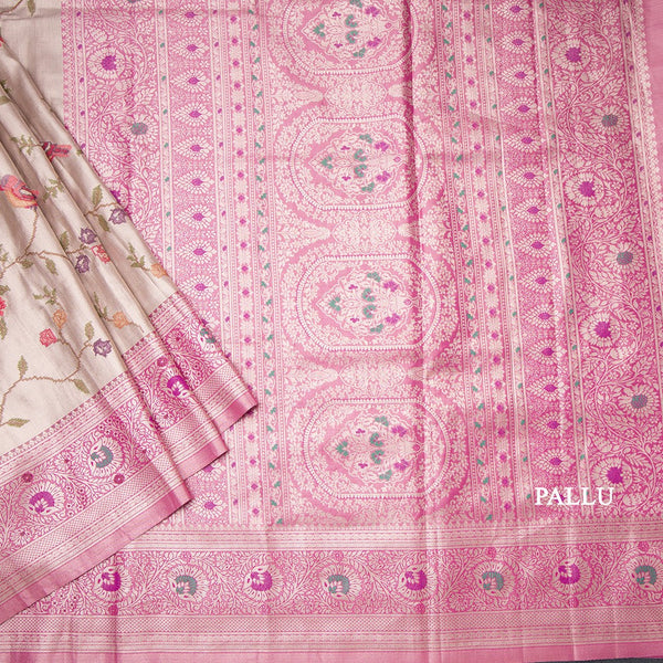 Fancy Silk Light Brown Stylish Thread Work Saree With Zari Border 02