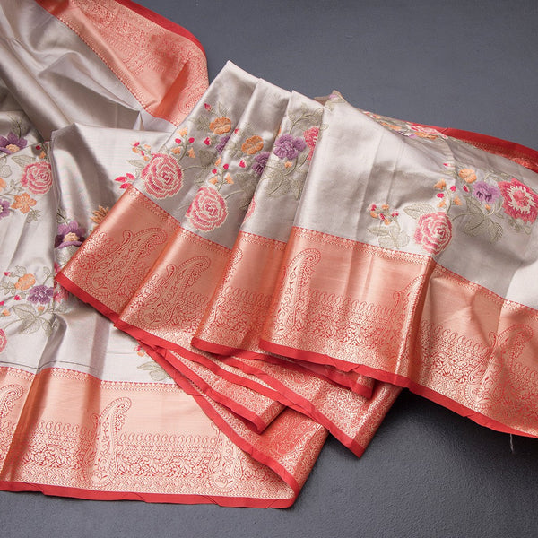 Fancy Silk Grey Stylish Thread Work Saree With Zari Border