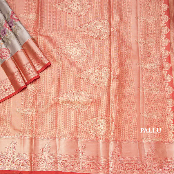 Fancy Silk Grey Stylish Thread Work Saree With Zari Border