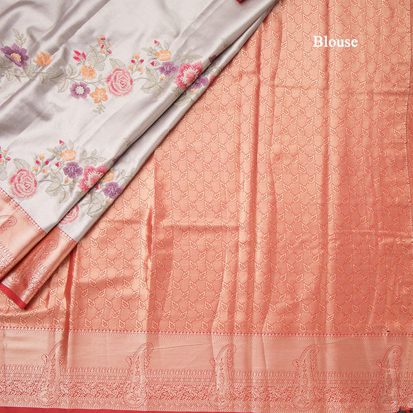 Fancy Silk Grey Stylish Thread Work Saree With Zari Border