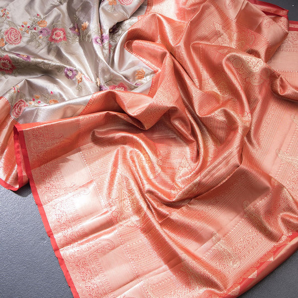 Fancy Silk Grey Stylish Thread Work Saree With Zari Border