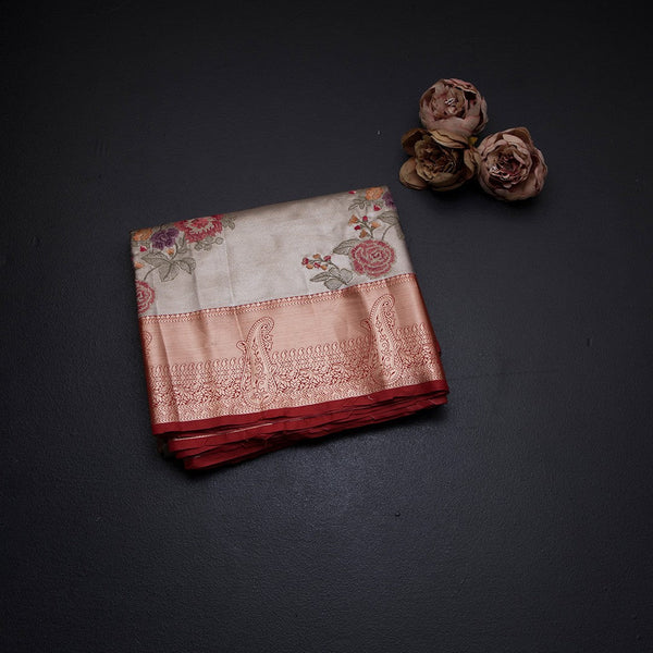 Fancy Silk Grey Stylish Thread Work Saree With Zari Border