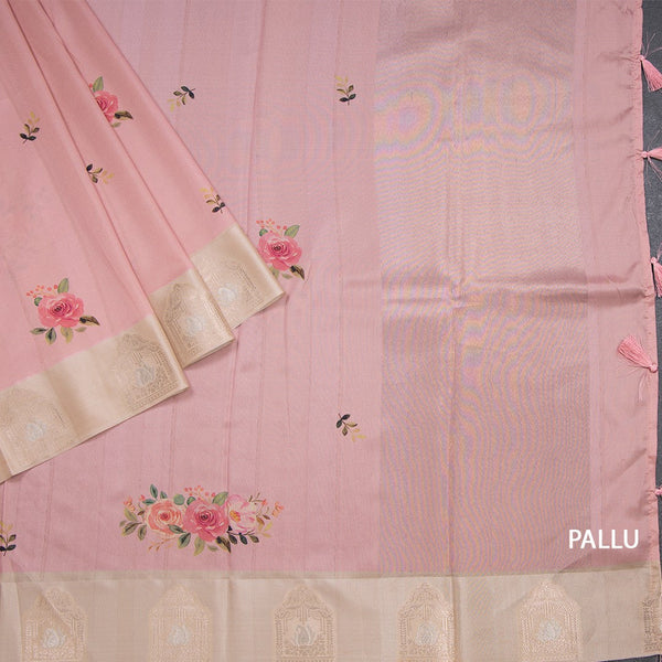 Satin Silk Light Peach Floral Printed Saree With Zari Border