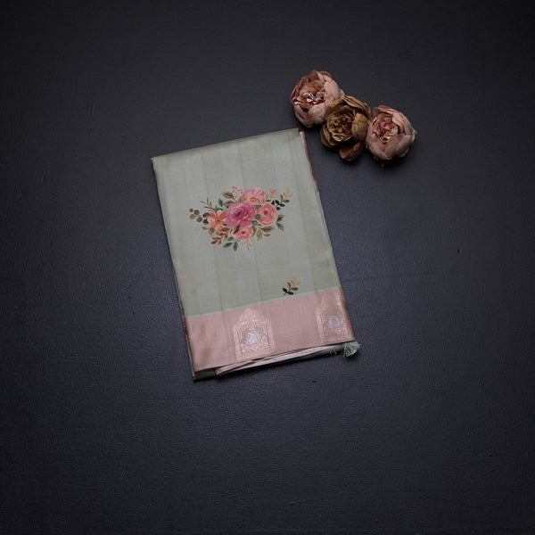 Satin Silk Pista Green Floral Printed Saree With Zari Border