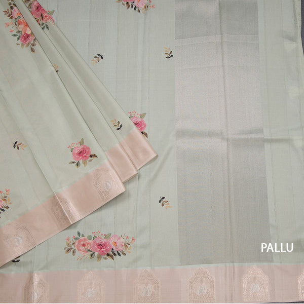 Satin Silk Pista Green Floral Printed Saree With Zari Border