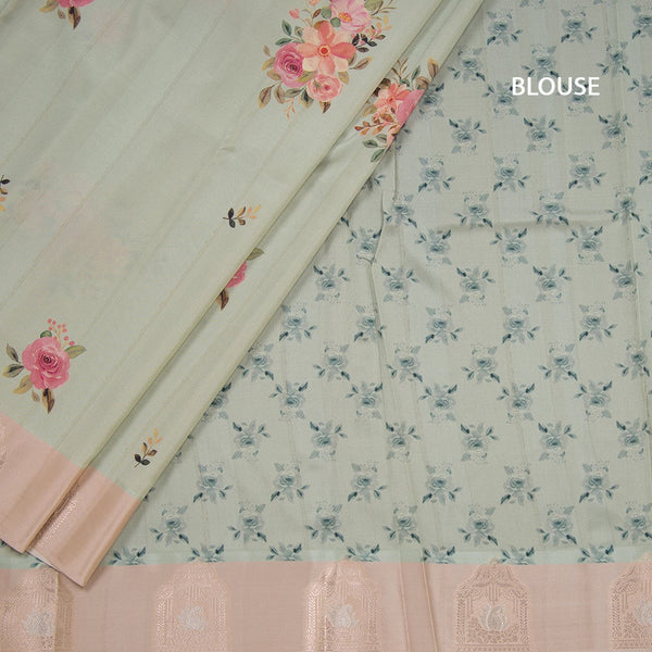 Satin Silk Pista Green Floral Printed Saree With Zari Border