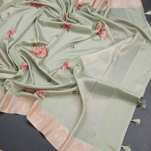 Satin Silk Pista Green Floral Printed Saree With Zari Border