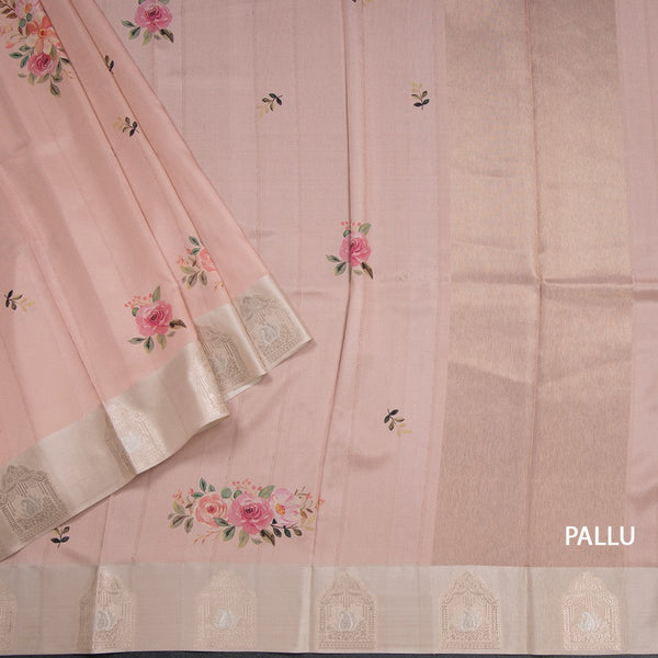 Satin Silk Peach Floral Printed Saree With Zari Border