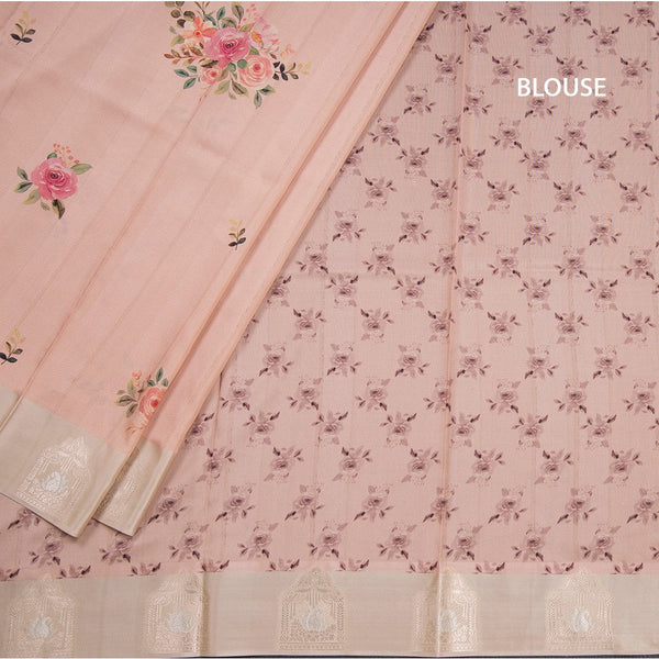 Satin Silk Peach Floral Printed Saree With Zari Border