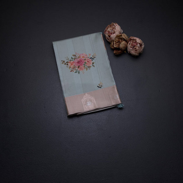 Satin Silk Light Pista Green Floral Printed Saree With Zari Border