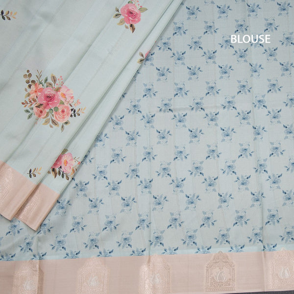 Satin Silk Light Pista Green Floral Printed Saree With Zari Border