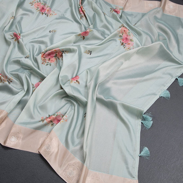 Satin Silk Light Pista Green Floral Printed Saree With Zari Border
