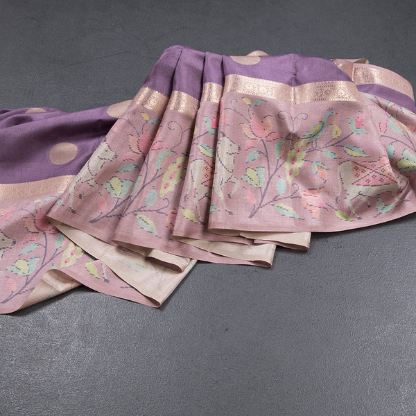Tussar Purple Saree With Zari Buttas And Printed Border