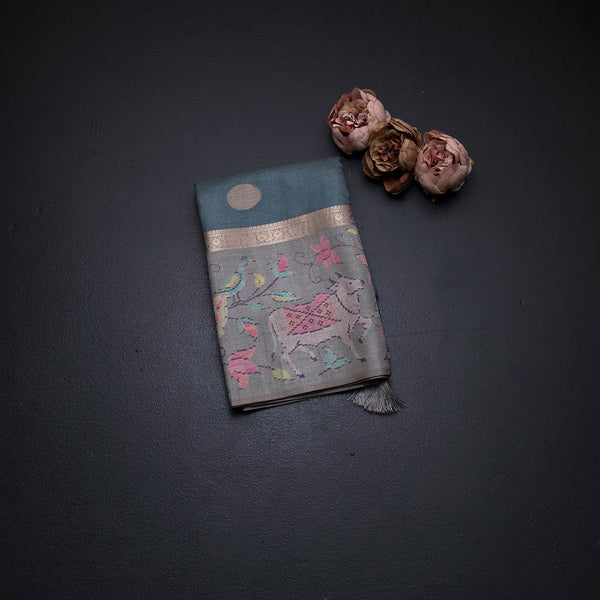 Tussar Sage Green Saree With Zari Buttas And Printed Border