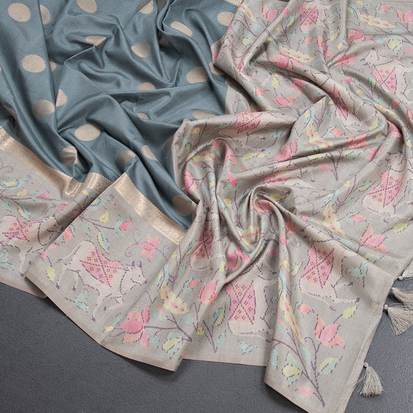 Tussar Sage Green Saree With Zari Buttas And Printed Border