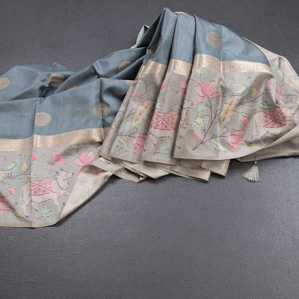 Tussar Sage Green Saree With Zari Buttas And Printed Border