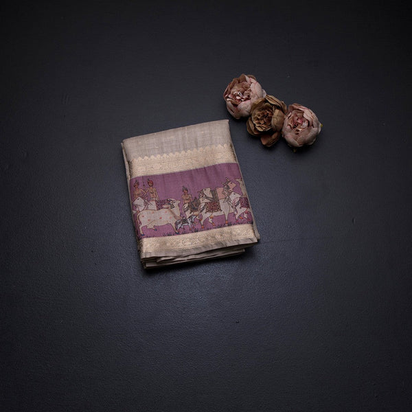 Tussar Cream Saree With Zari Buttas And Printed Border