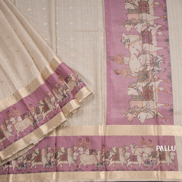 Tussar Cream Saree With Zari Buttas And Printed Border