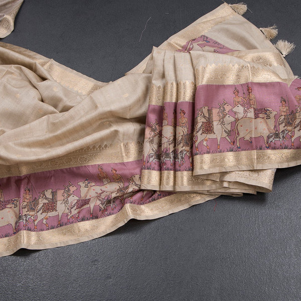 Tussar Cream Saree With Zari Buttas And Printed Border