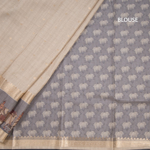 Tussar Cream Saree With Zari Buttas And Printed Border 02