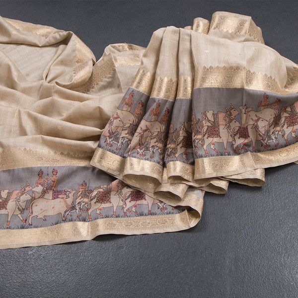 Tussar Cream Saree With Zari Buttas And Printed Border 02