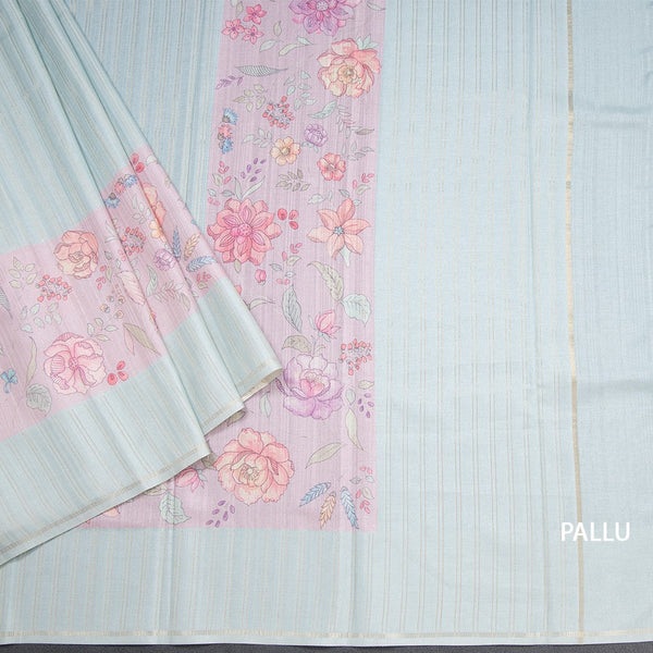 Tussar Light Pista Green Borderless Saree With Zari Stripes And Printed Design