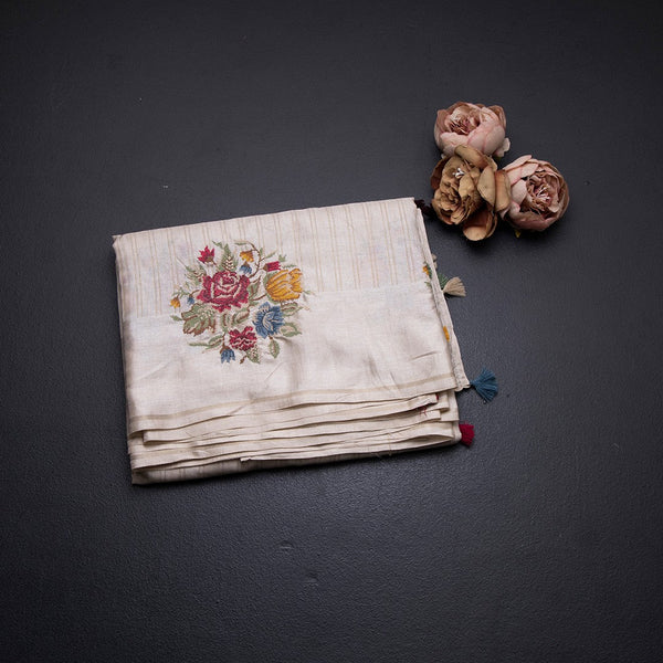 Tussar Cream Zari Stripes With Thread Work Saree