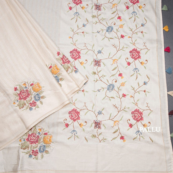 Tussar Cream Zari Stripes With Thread Work Saree