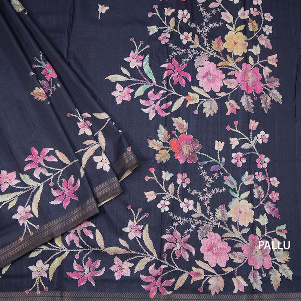 Tussar Navy Blue Floral Printed Saree