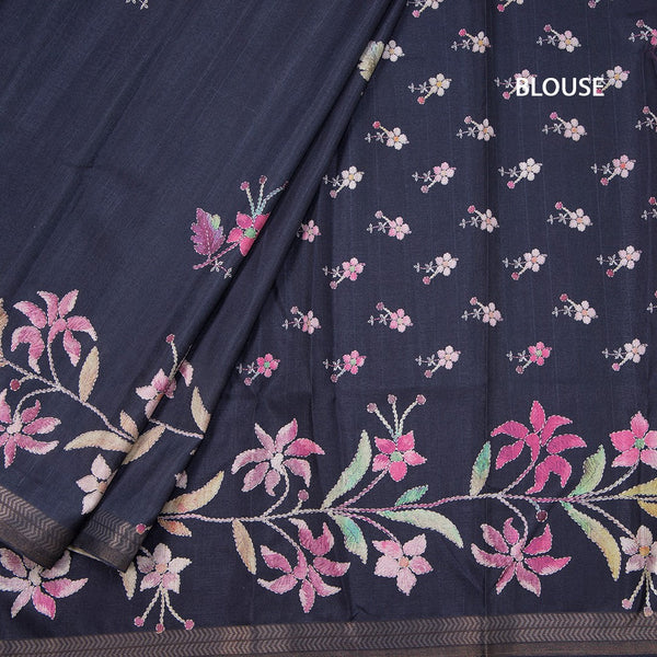 Tussar Navy Blue Floral Printed Saree