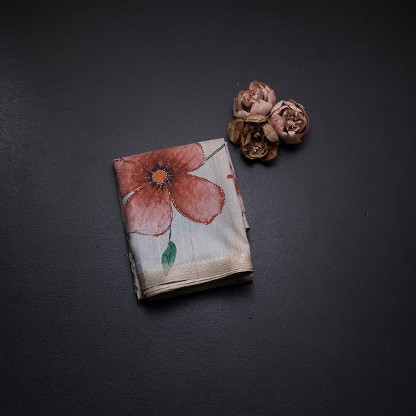 Tussar Sky Blue Floral Printed Saree