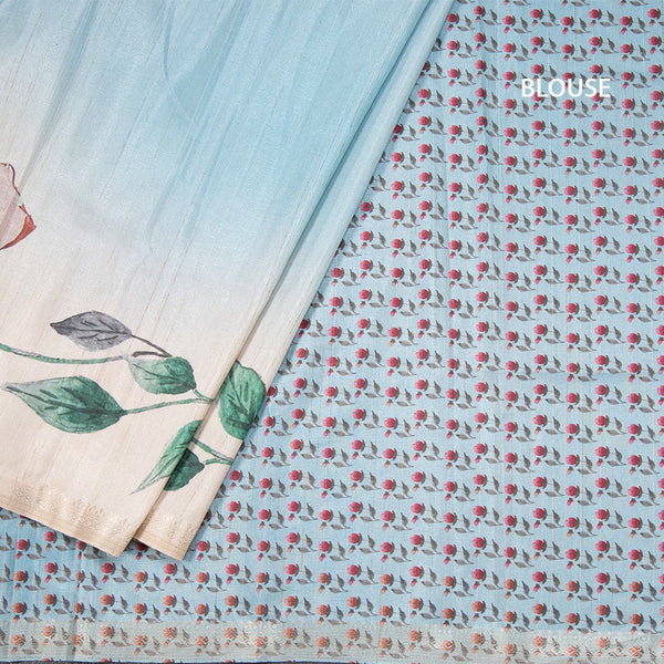 Tussar Sky Blue Floral Printed Saree
