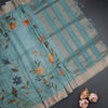 Tussar Teal Blue Floral Printed Saree With Zari Border