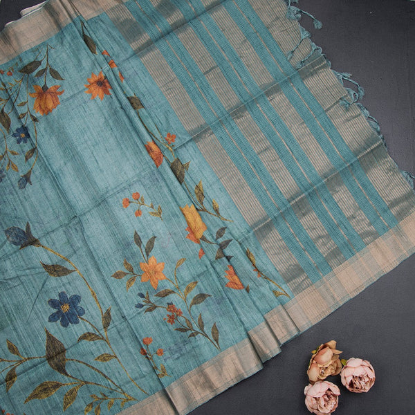 Tussar Teal Blue Floral Printed Saree With Zari Border