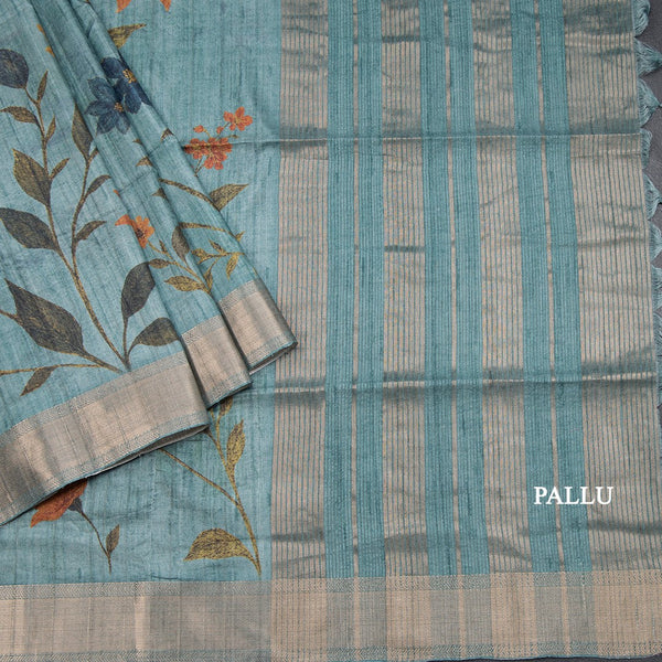 Tussar Teal Blue Floral Printed Saree With Zari Border