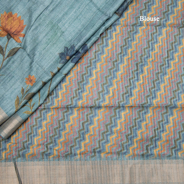 Tussar Teal Blue Floral Printed Saree With Zari Border