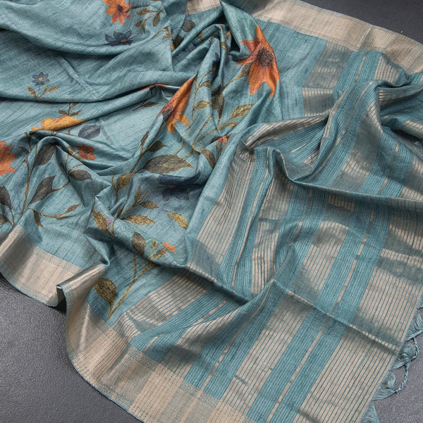 Tussar Teal Blue Floral Printed Saree With Zari Border