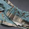 Tussar Teal Blue Floral Printed Saree With Zari Border