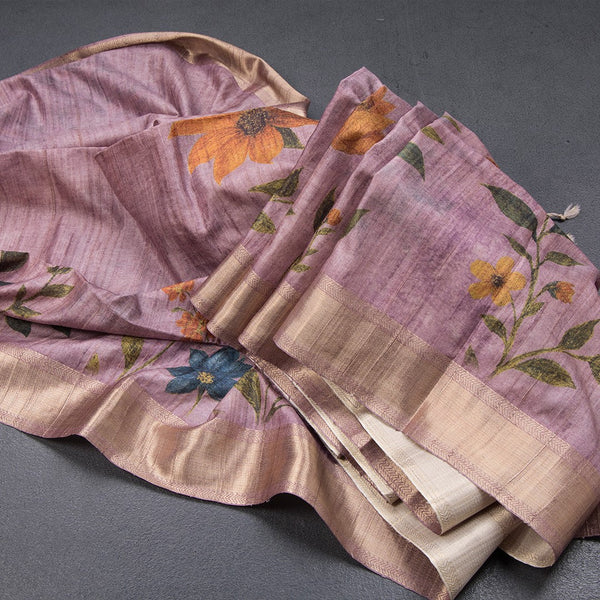 Tussar Onion Pink Floral Printed Saree With Zari Border
