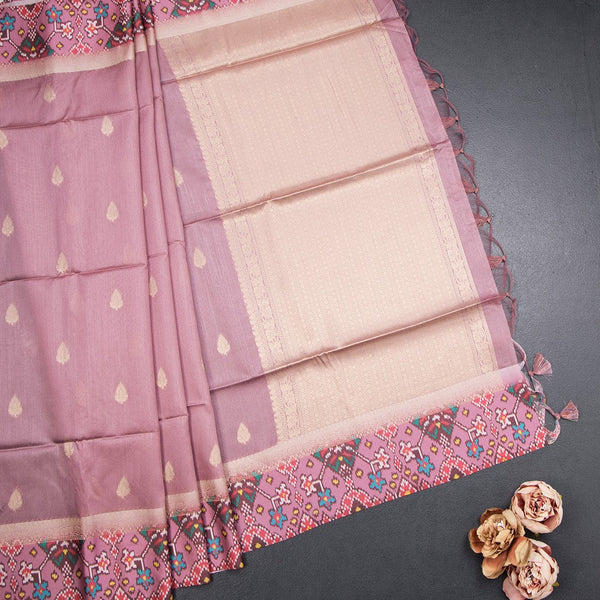 Tussar Onion Pink Saree With Zari Buttas And Printed Border