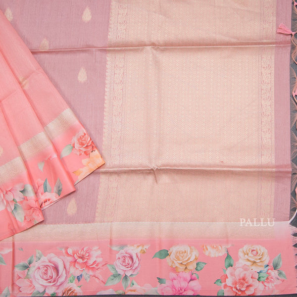 Tussar Peach Saree With Zari Buttas And Printed Border