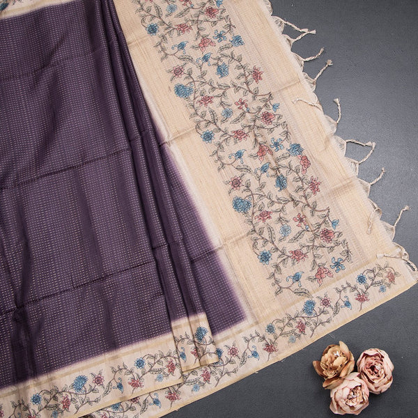 Tussar Dark Purple Zari Stripes Saree With Printed Border