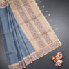 Tussar Greyish Blue Zari Worked Saree With Printed Border