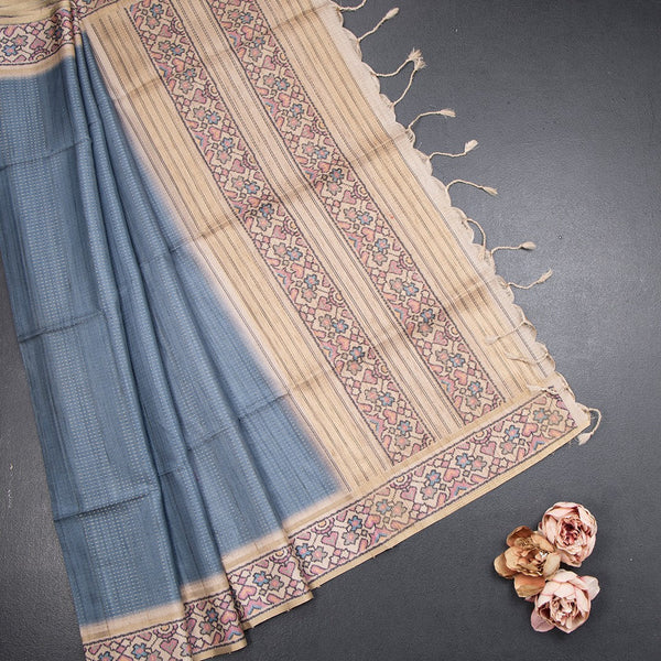 Tussar Greyish Blue Zari Worked Saree With Printed Border