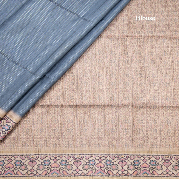 Tussar Greyish Blue Zari Worked Saree With Printed Border