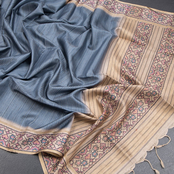 Tussar Greyish Blue Zari Worked Saree With Printed Border