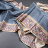 Tussar Greyish Blue Zari Worked Saree With Printed Border