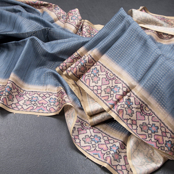 Tussar Greyish Blue Zari Worked Saree With Printed Border