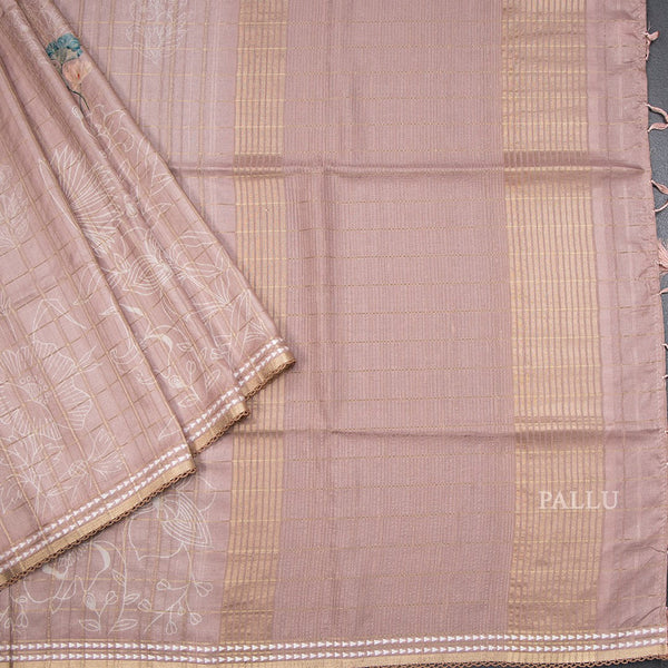 Tussar Light Brown Zari Checked Saree With Printed Work